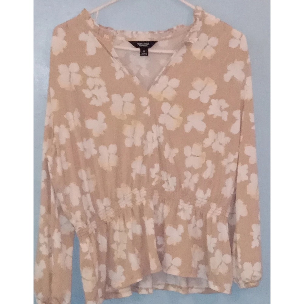 Simply Vera‎ Wang SZ M Beige Floral Long sleeve Peplum Top Elastic Waist